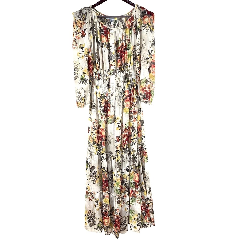 Figueroa Floral Maxi Dress Womens XL Floral Buttons Tiered Sheer Boho Cottage